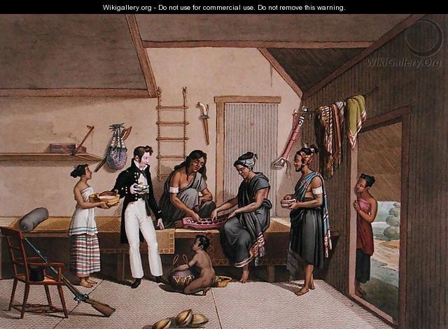 Interior of a House in Coupang, Timor, from Voyage Autour du Monde sur les Corvettes de LUranie 1817-20, engraved by Lerouge and Forget, published 1825 - (after) Pellion, Alphonse