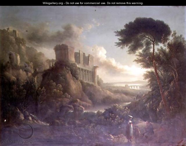 Extensive moonlit rocky river landscape with figures in the foreground and classical ruins beyond - Sebastian Pether