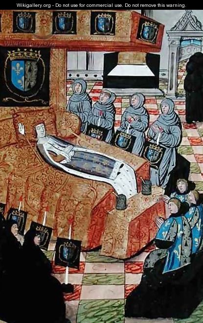 Fol.12r The Duchess Queen on her deathbed, from the Account of the Funeral of Anne of Brittany - Jean Perreal