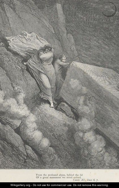 behind the lid Of a great monument we stood retired. (Canto XI., lines 6-7) - Gustave Dore