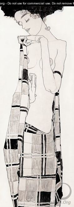 Standing Girl in Plaid Dress - Egon Schiele