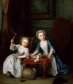 Two Children of the Nollekens Family Probably Jacobus and Maria Sophia Playing With a Top and Playing Cards 1745 - Joseph Francis Nollekens