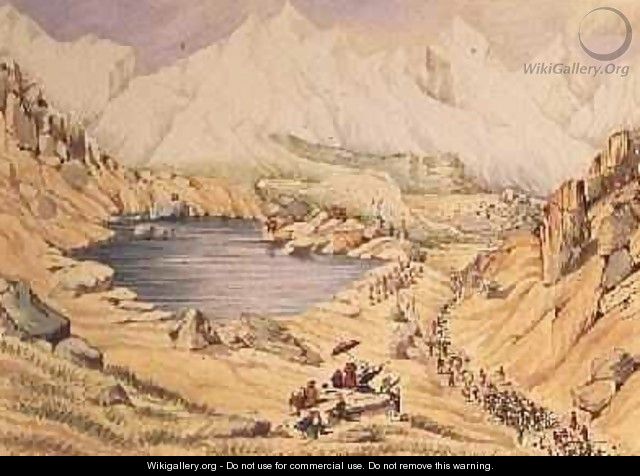 Soldiers invading Tibet from Nepal entrance to the Keerung Pass. The plain is part of the Town of Keerung with the Valley of Pauring Tiar and the Buoria Gondu river May 1855 - Dr. H.A. Oldfield
