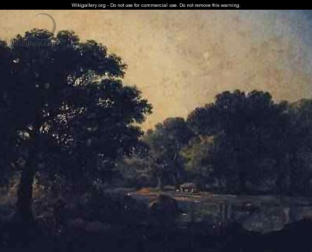 Wooded river landscape with a figure in a boat - James Arthur O