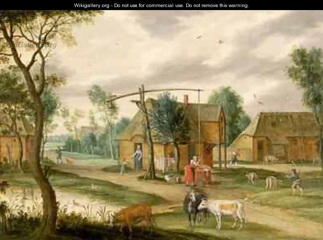 A village landscape with a woman drawing water from a well - Isaak van Oosten A village landscape with a woman drawing water from a well - Isaak van Oosten