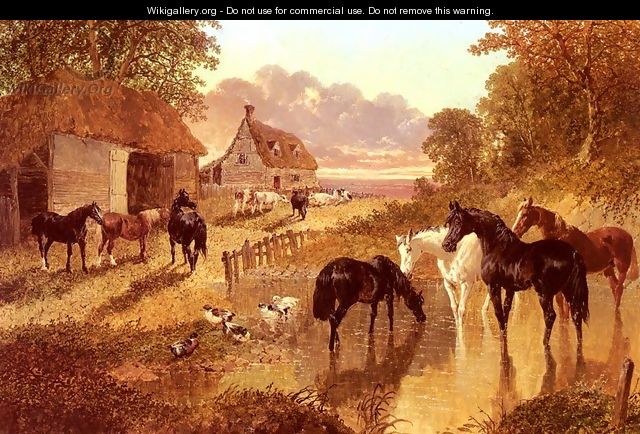 The Evening Hour, Horses And Cattle By A Stream At Sunset - John Frederick Herring Snr