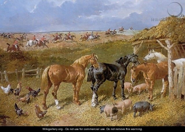 Hunters Poultry and Pigs with Foxhunt in Background - John Frederick Herring, Jnr.