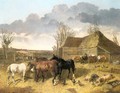 Horses Eating From Manger with Pigs and Chickens in Farm Yard - John Frederick Herring, Jnr.