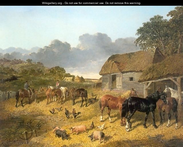 Horses Drinking From Trough with Pigs and Chickens in a Farmyard - John Frederick Herring, Jnr.