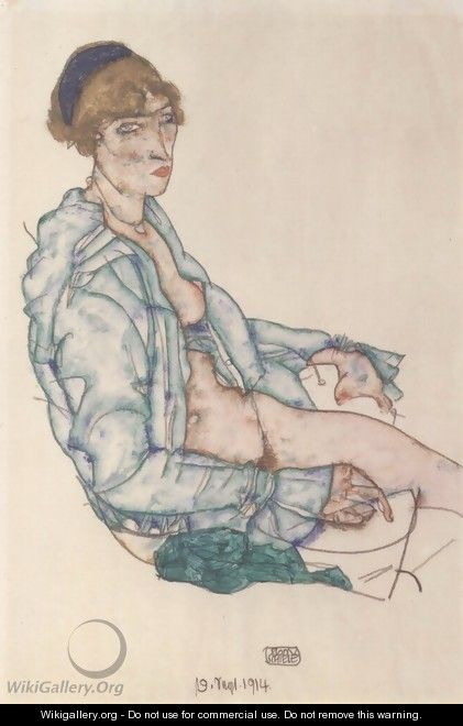 Sitting woman with blue hair ribbon - Egon Schiele