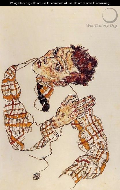 Self Portrait in Checkered Shirt - Egon Schiele