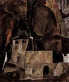 Wall and house before hügligem ground with fence - Egon Schiele