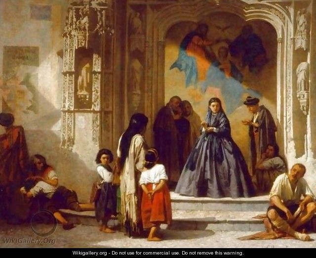Young woman doing charity at the entrance to the chapel of the hospital in San Sebastian Cordoba - Léon Bonnat