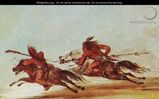 War on the plains. Comanche (right) trying to lance Osage warrior - George Catlin