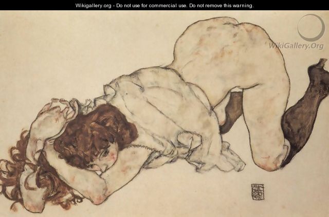 Kneeling girl, on both elbows supported - Egon Schiele