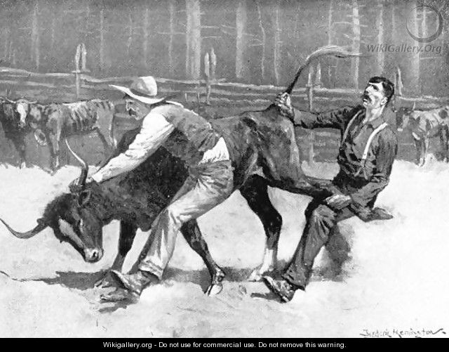 Cowboys wrestling a bull - Frederic Remington