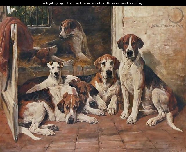 Hours of idleness, Hounds and a terrier in a kennel - John Emms