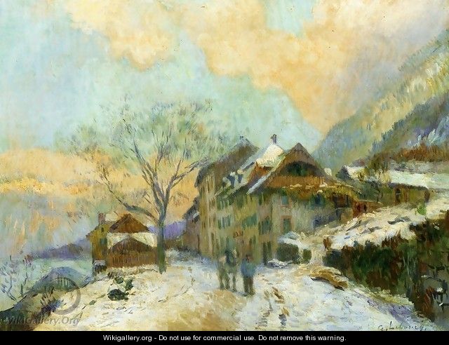 The Banks of Lake Geneva at Saint-Gingolph, in winter, with Snowy Weather - Albert Lebourg