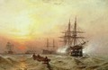 Man-o-War firing a salute at sunset - Claude T. Stanfield Moore