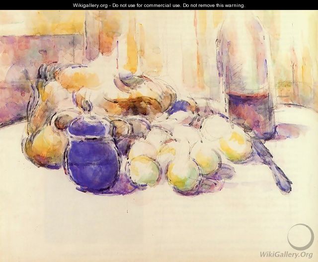 Blue Pot and Bottle of Wine (also known as Still Life with Pears and Apples, Covered Blue Jar, and a Bottle of Wi - Paul Cezanne