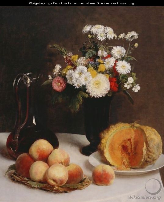 Still Life with a Carafe, Flowers and Fruit - Ignace Henri Jean Fantin-Latour