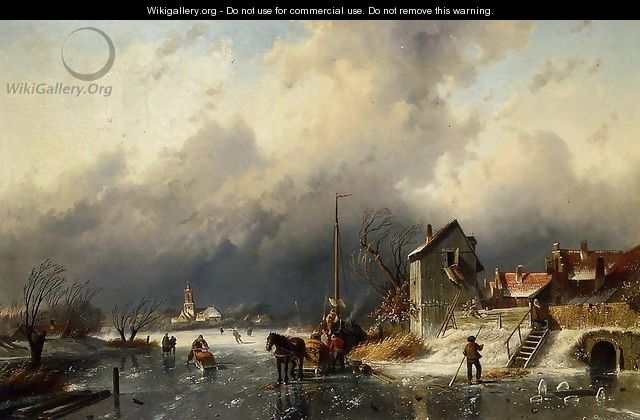 A Frozen River Landscape with a Horsedrawn Sleigh - Charles Henri Joseph Leickert