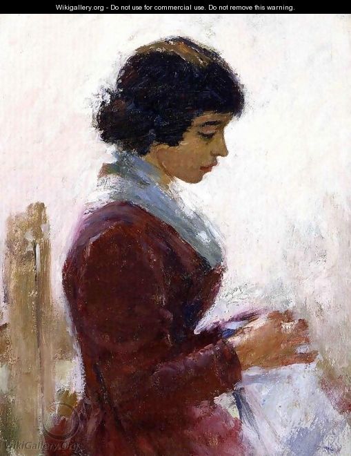 Girl in Red, Sewing - Theodore Robinson