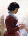Girl in Red, Sewing - Theodore Robinson