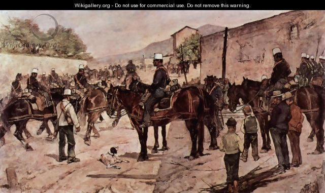 Artillery Corps riding on a village road - Giovanni Fattori