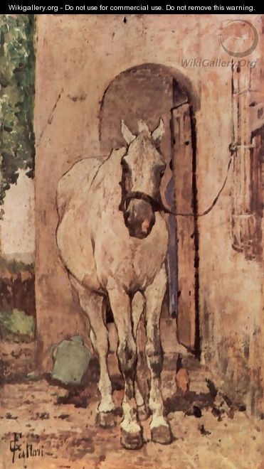 A white horse in front of a door - Giovanni Fattori