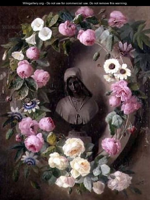 Garland with Roses and Passion Flowers Around a Bust of a Saint - Henrietta de Longchamp