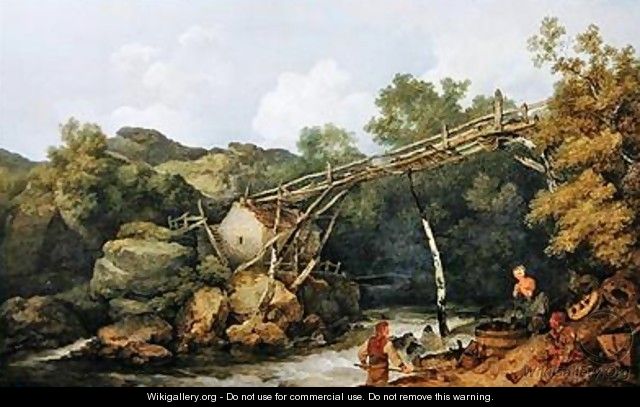 A View near Matlock Derbyshire with Figures Working beneath a Wooden Conveyor 1785 - Philip Jacques de Loutherbourg
