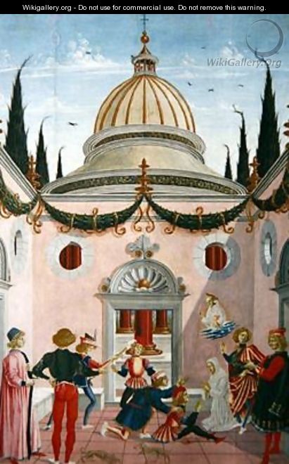St Bernardino of Siena 1380-1444 saving a young man hit on the head with a shovel 1473 - Fiorenzo di Lorenzo