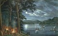 Fishing by torchlight other Aborigines beside camp fires cooking fish from his Drawings of the natives and scenery of Van Diemens Land 1830 - Joseph Lycett