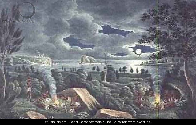 Aborigines Resting by a Camp Fire showing Newcastle Harbour and Nobbys - Joseph Lycett