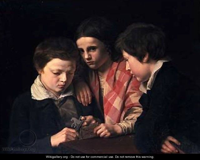 Portrait of the Artists Three Children Playing at a Table 1841 - Anders Lundqvist