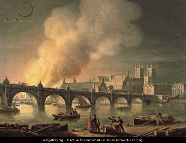 Westminster Bridge and the Burning of the Houses of Parliament from Lambeth - Thomas Luny