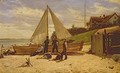 Fisherfolk by a beached sailing vessel - Frederick Christian Lund
