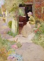A Girl Sewing at the Door of a Cottage 1906 - Thomas Mackay