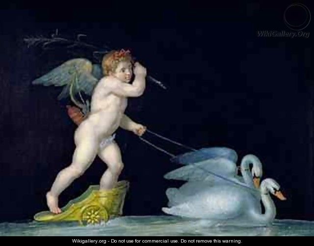 Cupid being led by a pair of swans - Michelangelo Maestri