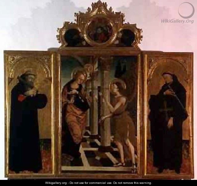 Triptych central panel depicting the Annunciation with God above and side panels bearing the figures of two saints - Nicola de Maestro Antonio