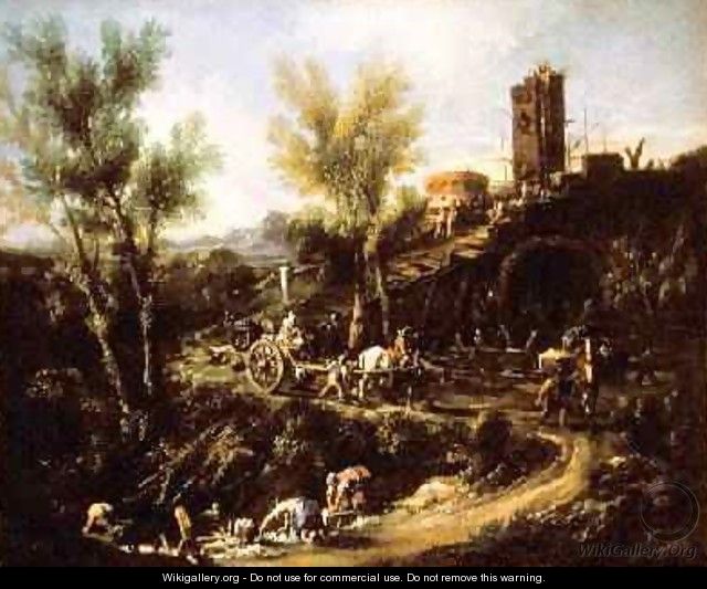 Landscape with Gypsies and Washerwoman 1705-10 2 - Alessandro Magnasco