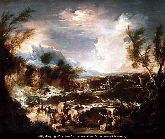 Rocky Coast in a storm with hermit monks receiving stores - Alessandro Magnasco