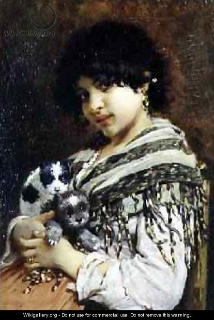 Gypsy Girl with Two Puppies - Wilhelm Johannes Maertens