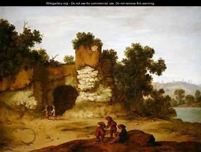 A rocky landscape with travellers resting - Jacobus Sibrandi Mancadan