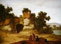 A rocky landscape with travellers resting - Jacobus Sibrandi Mancadan