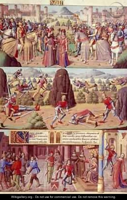 Harley 4375 fol123 Scenes from the life of Horatius Chapter 1 Book VIII of Les faits et les dis des romains et de autres gens or Memorabilia - Francois (Fouquet) Maitre