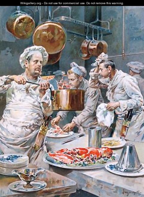 In the Kitchen preparations for Christmas Eve dinner in a Paris restaurant from LIllustration December 1893 - G. Marchetti