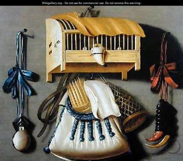 Trompe loeil of hunting equipment and a bird cage - Johannes Leemans