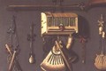 A Trompe lOeil Still life of a Gun a Powder Horn a Caged Bird and Hunting Equipment - Johannes Leemans